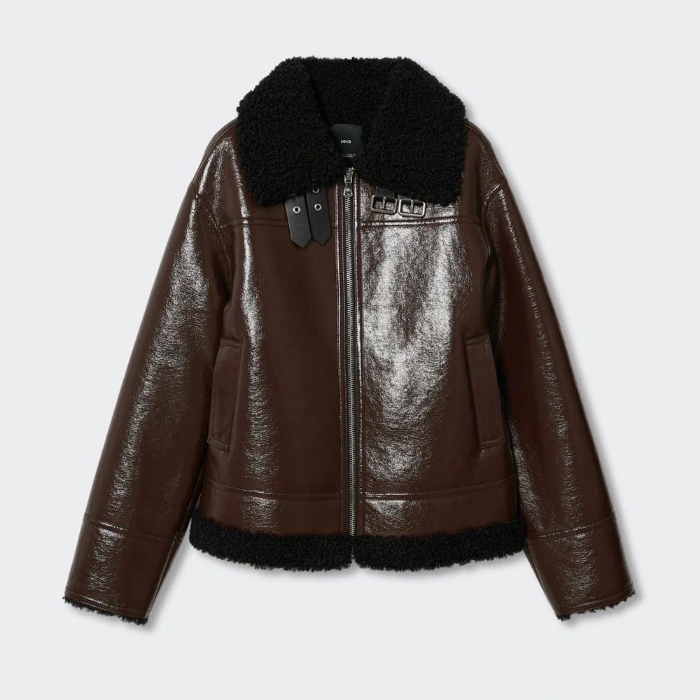 Mango Faux Shearling Faux Leather Jacket in Brown